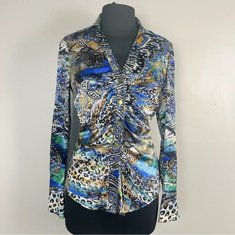 True vintage late 90s/ 2000s silk abstract pattern ruched button up Cache size s
